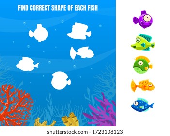 Find Correct Shape of Each Fish, Educational Game for Kids Vector Illustration