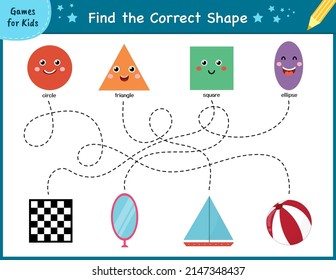 Find the correct shape. Maze game for kids. Learning shapes activity page for preschool. Puzzle template for handwriting practice. Vector illustration