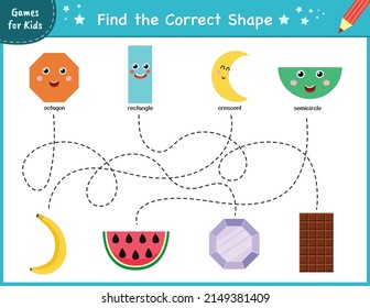 Find the correct shape. Maze game for kids. Learning shapes activity page for preschool. Puzzle template for handwriting practice. Vector illustration