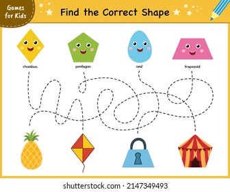 Find the correct shape mini game. Maze for kids. Learning shapes activity page for preschool. Puzzle template for handwriting practice. Vector illustration