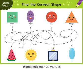 Find the correct shape puzzle game. Maze for kids. Learning shapes activity page for preschool. Mini template for handwriting practice. Vector illustration