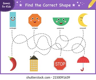 Encuentra el juego de rompecabezas correcto. Un laberinto divertido para los niños. Página de actividades de aprendizaje de formas para preescolar. Mini plantilla para la práctica de escritura a mano. Ilustración del vector
