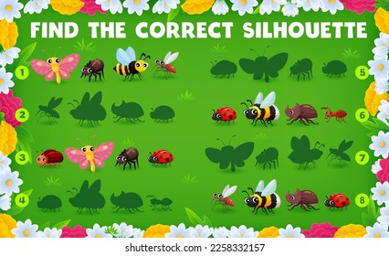 Find the correct silhouette of cartoon insect characters on summer meadow. Vector worksheet of matching game or kids education puzzle with cute butterfly, bee, ant and ladybug, spider, mosquito, bug