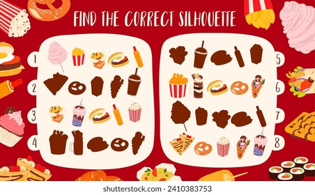 Find the correct silhouette of fast food, desserts and drinks game worksheet. Fastfood junk meal puzzle quiz with cartoon egg burger, corn dog, chicken legs, popcorn, cocktail, wok noodles and fries