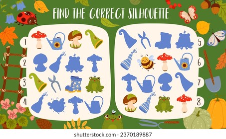 Find the correct silhouette of gnome hats, autumn leaves, animals and garden tools. Shadow match kids vector game worksheet with cartoon dwarven items. Logic activity, preschool or kindergarten riddle