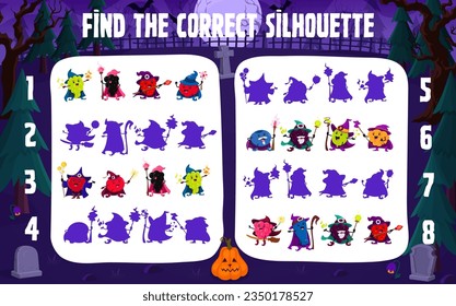 Find the correct silhouette of Halloween cartoon berry wizards and mages at cemetery. Kids vector shadow match game worksheet with grape, blackberry, strawberry and cranberry, cherry or blueberry