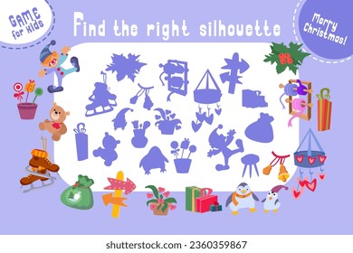 Find the correct silhouette, shadow. Puzzle game for kids. Big set of Christmas items. Cute cartoon character and objects. Vector color illustration. 