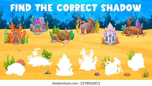 Find the correct underwater building on the sea bottom landscape. Kids vector matching game worksheet, shadow match riddle with turtle shell, coral, stone and jug, conch or sunken boat mermaid homes