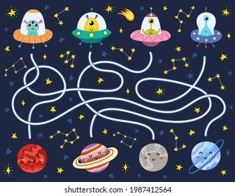 Find the correct way to the planets for each alien in the flying saucers. Space maze puzzle for kids. Activity page with funny space characters. Mini game for school and preschool. Vector illustration