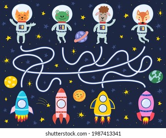 Find a correct way to the rockets for each animal astronaut. Space maze puzzle for kids. Activity page with funny space characters. Mini game for school and preschool. Vector illustration