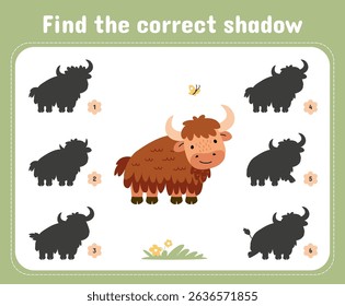 Find correct yak shadow. Funny yaks shadows. Development educational game for preschool or kindergarten children, nowaday vector template