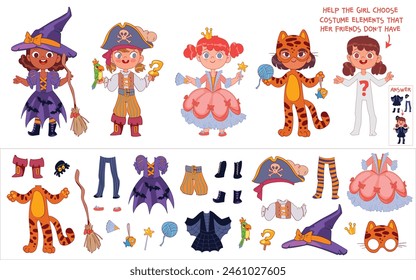 Find the costume pieces for girl. Educational game for kids. Attention task. Funny cartoon character. Worksheet page. Puzzle Hidden Items. Educational game for children. Colorful cartoon characters