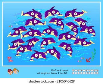 Find and count all dolphins from 1 to 20. Educational page for little children. Logic puzzle game for kids. Developing counting skills. Play online. IQ test. Task for attentiveness. Cartoon vector.