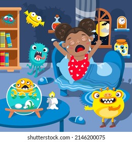 Find and count all monsters. Halloween night with funny characters in room. Picture for children games, posters, puzzles. Activity, vector illustration.