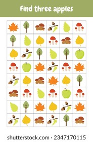 Herbstobjekte suchen und zählen. Arbeitsblätter Aktivitäten für Schulbildung, Frühschulbildung. Zählen von lehrlogischem Spiel, mathematisches Lernen. Ich spioniere. Kinderunterricht, Geschicklichkeitsspiel Rätsel für Kinder. 