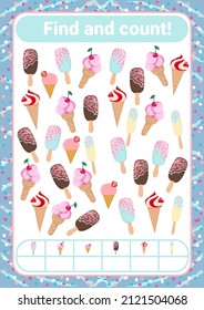 Find and count! Childish sweet, yummy vector template for educational books, educational learning.