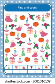 Find and count! Children's Christmas vector template for educational books, kindergarten. Christmas tree, socks and gifts.