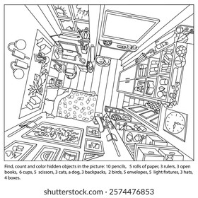 Find, count and color hidden objects in the picture. Interrior of teenager’s room from above with furniture and home objects. Cozy children room. Linear sketch vector illustration