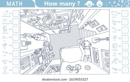 Localizar, contar e colorir objetos ocultos na imagem. Interior do quarto do adolescente de cima com móveis e objetos de casa. Quarto acolhedor para crianças. Ilustração de vetor de esboço linear