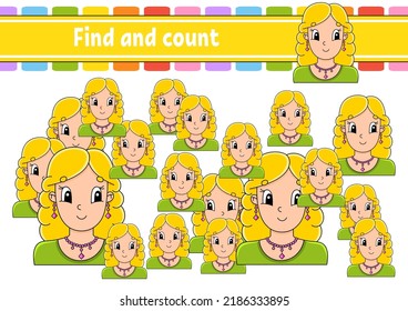Find and count. Education developing worksheet. Activity page. Puzzle game for children. Logical thinking training. Isolated vector illustration. cartoon character.