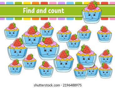 Find and count. Education developing worksheet. Activity page. Puzzle game for children. Birthday theme. Logical thinking training. Isolated vector illustration. cartoon character.