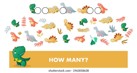 Find and count game. Kids educational game with dino. Cute dinosaur cartoon vector illustration.