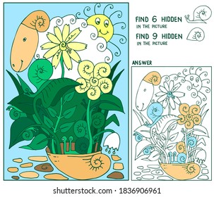 Find and count the hidden objects. Ewe, snails and shell in the meadow. Puzzle game for kids. Sketch vector illustration