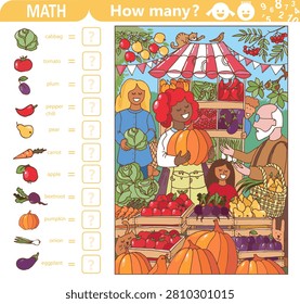 Find and count hidden objects. Farmers market. Farmer selling organic fruits, vegetables. Fresh food. Street marketplace stall, people in local street fair. Counting math game for kids. Sketch vector