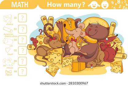 Find and count hidden objects. Funny cat and rats among cheeses. Counting math game for kids. Education game, riddles. Sketch vector illustration.