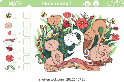 Find and count hidden objects. Funny cats among flowers. Counting math game for kids. Education game, riddles. Sketch vector illustration.