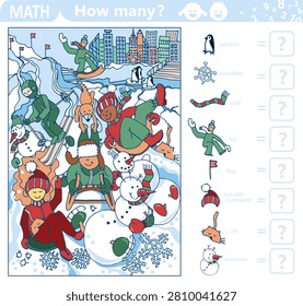 Find and count hidden objects. People and snowman having fun and winter activities, skiing, skating, children sledding and snowboarding on mountain slope. Education game. Sketch vector illustration