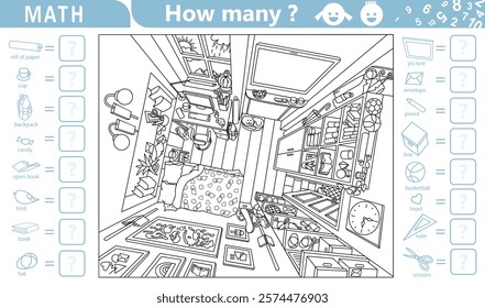 Find and count hidden objects in the picture. Teen room from above. Cozy children room interior with furniture and home objects. Cozy children. Counting math game for kids. Sketch vector illustration.