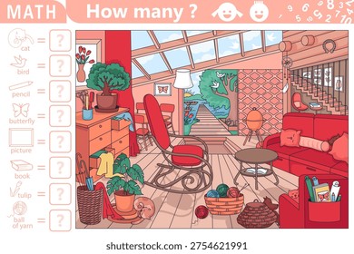 Find and count hidden objects in the picture. Interior of cozy country house. Counting math game. Open plan apartment with comfortable furnishings, kitchen area, rest zone and overlooking the lake