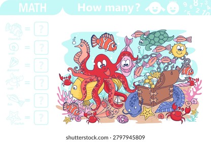 Find and count hidden objects in the picture. Underwater world. Marine animals and fish life. Counting math game for kids. Sketch vector illustration.