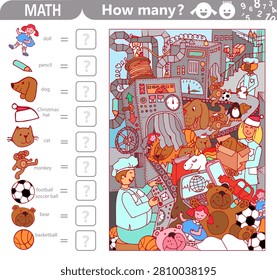 Find and count hidden objects in the picture. Toy factory. Conveyor. Puzzle game for kids. Waiting for Christmas. Counting math game for kids. Sketch vector illustration.