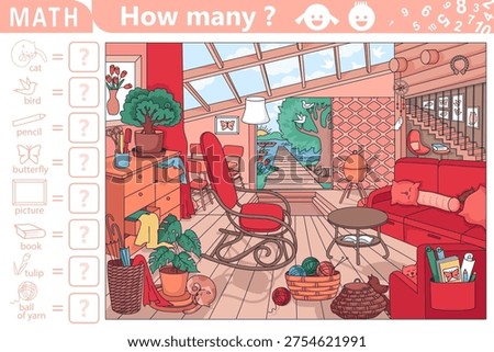 Find and count hidden objects in the picture. Interior of cozy country house. Counting math game. Open plan apartment with comfortable furnishings, kitchen area, rest zone and overlooking the lake
