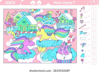 Find and count hidden objects. Unicorns in sky with sweet home, lollipops and candy city on clouds. Counting math game for kids. Education game, riddles. Sketch vector illustration.