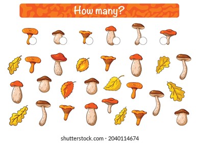 Find and count kids educational game with Forest Mushrooms. Cartoon Style. How many counting gamey for children with edible mushrooms. Preschool puzzle. Educational worksheet. Premium Vector