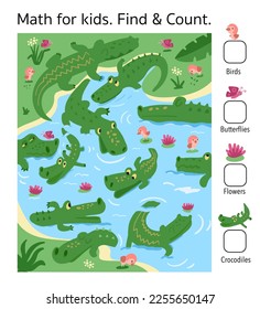 Find and count. Maths game for children. Puzzle for kids. Write numbers. Nature scene. Crocodiles in pond. Vector illustration. 