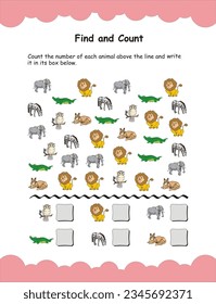 Find and count. Count the number of each animal and write the answer, mathematics