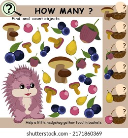 Find and count objects, apple, pears, mushrooms, food for hedgehog. Educational mathematical game for children. Vector illustration.