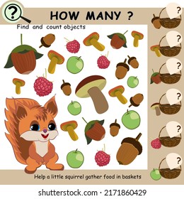 Find and count objects, apples, nuts, acorns, food for squirrel. Educational mathematical game for children. Vector illustration.