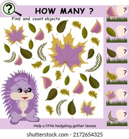 Find and count objects.  Educational mathematical game for children with leaves and hedgehog. Vector illustration.