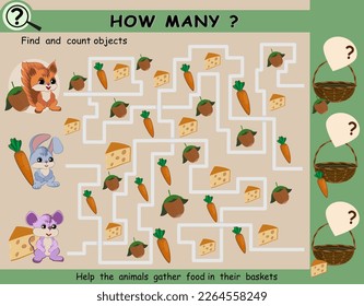 Find and count objects. Maze with animals food. Educational mathematical game for children. Vector illustration.