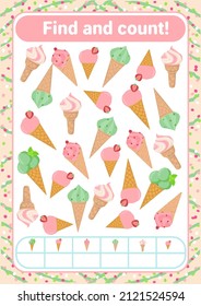 Find and count! Pink-mint ice cream, ice cream. Childish sweet, yummy vector template for educational books, educational learning.
