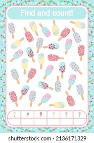 Find and count similar mousse ice creams. Children activity vector.