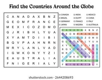 Find the Countries Around the Globe Word Search Puzzle for Kids Featuring Flags, Geography, Learning, and Fun Activity