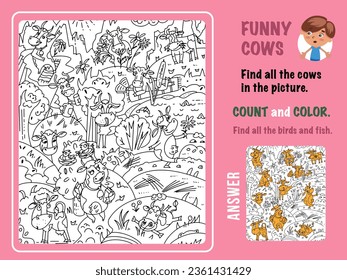 Find cows in the picture, count and color. Game for kids. Puzzle with hidden animals. Black and white outline for coloring. Funny cartoon characters. Vector illustration.