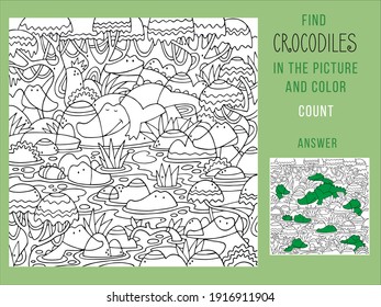 Find crocodiles and color, count. Games for children. Puzzle Hidden Items. Black and white outline for colouring. Funny cartoon animals. Vector illustration.