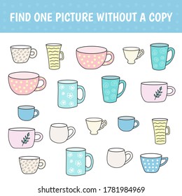Find a cup without a pair. A game for children on mindfulness. Vector illustration.